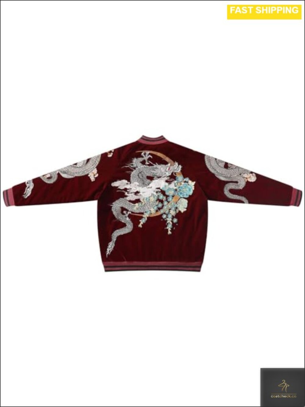 Velvet Bomber Jacket Dragon Embroidered Varsity Winter Windproof